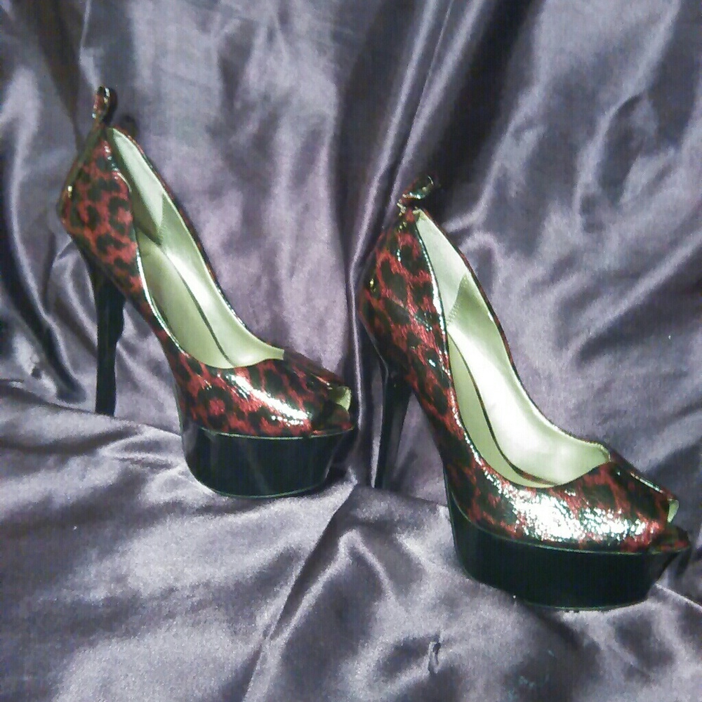 Red and black open toe platform stiletto heels